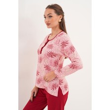 Çift Kaplan Kadın Pamuk Palmiye Desenli Patlı Bordo Pijama Takımı 7025
