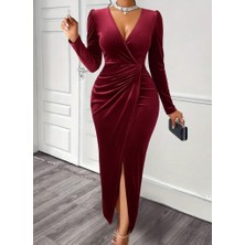 Arben Boutique Kadın Uzun Kollu Kruvaze Yaka Önünden Çapraz Detaylı Uzun Kadife Elbise