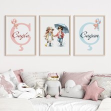 Çocuk Kalbi Atölyesi Ikiz Kız ve Erkek Bebek Ayıcıklı Isim Tablo Seti, Çocuk Odası Tablo, Bebek Odası Tablo