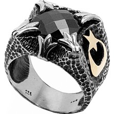 Besen Gümüş Oniks Taşlı Ay Yıldızlı Yüzük