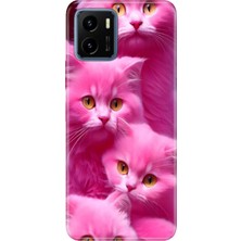 Adasena Vivo Y15S Kılıf Desenli Baskılı Tpu Rubber Kapak Pembe Kediler
