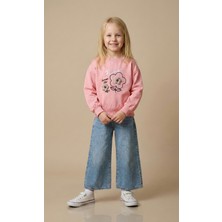Kız Çocuk Çiçek Nakışlı Sweat Kot Pantolon Alt Üst Takım
