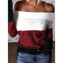 Ezel Glory Kadın Uzun Kollu Omuzlardan Açık Uzun Kollu Blok Çizgili Triko Bluz