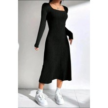 Arben Boutique Kadın Kare Yaka Fitilli Kaşkorse Kumaş Midi Boy Elbise