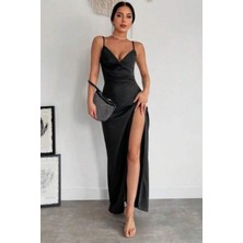 Mossta Kruvaze Yaka Derin Yırtmaçlı Krep Elbise - Siyah