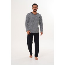 Çift Kaplan Erkek Kazayağı Desen V Yaka Beyaz Pijama Takımı 8036