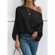 Gökyüzü Moda Kadın Tek Omuzu Açık Uzun Kollu Salaş Sandy Bluz