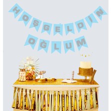 Ezel Glory Hoşgeldin Oğlum Mavi Üzeri Gümüş Yeni Doğan Bebek Doğum Süsü Afiş Bayrak Flama 2.2 Metre