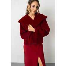 Lafaba Kadın Bordo Kürk Görünümlü Abiye Ceket