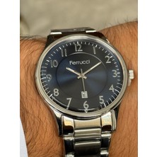 Ferrucci Gümüş Renk Lacivert Kadranlı Rakamlı Tarihli Erkek Saati