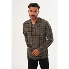 Çift Kaplan Erkek Siyah Çizgili Önden Düğmeli Kahverengi Pijama Takımı 8027