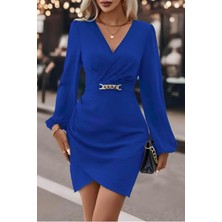 Mossta Zincir Detaylı Kruvaze Yaka Mini Krep Elbise - Saks