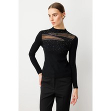 On Triko Transparan Detaylı Dik Yaka Triko Kazak 60391-26K