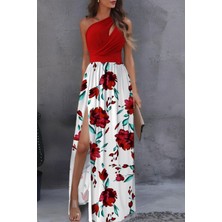 Mossta Tek Omuz Yırtmaçlı Desenli Elbise - Kırmızı