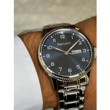 Ferrucci Gümüş Renk Lacivert Kadranlı Rakamlı Tarihli Erkek Saati