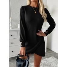 Arben Boutique Kadın Uzun Kollu Bisiklet Yaka Önden Asimetrik Kesim Detaylı Mini Yumoş Elbise