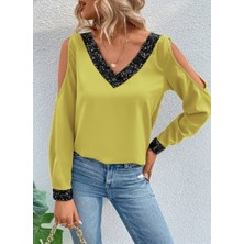 Arben Boutique Kadın Uzun Kollu V Yakalı Omuzlardan Açık Sandy Bluz