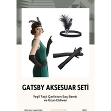 1920'LER Gatsby Temalı Parti Seti - Yeşil Taşlı Siyah Tüy Detaylı Taç ve Uzun Siyah Eldiven