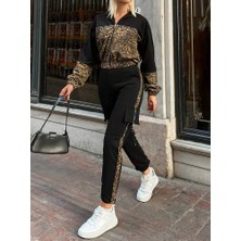 Tiana Kadın Uzun Kollu Kapşonlu Leopar Desenli Viskon Iki Iplik Bluz ve Pantolon Ikili Takım