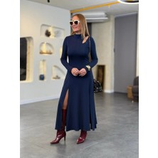 Ezel Glory Kadın Balıkçı Yaka Damla Detaylı Yırtmaçlı Uzun Viskon Iki Iplik Maxi Elbise