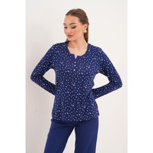 Çift Kaplan Kadın Pamuk Modal Yıldızlı Açık Patlı Lacivert Pijama Takımı 7005