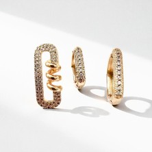 Cesicey Üçlü Zirkon Taşlı Kıvrım Detaylı Kadın Çelik Küpe Altın Renk