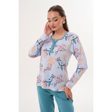 Çift Kaplan Kadın Pamuk Modal Çiçekli Açık Patlı Mavi Pijama Takımı 7001