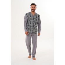 Çift Kaplan Erkek Çilli Desen Önden Düğmeli Gri Pijama Takımı 8032