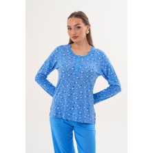 Çift Kaplan Kadın Pamuk Puantiyeli Patlı Mavi Pijama Takımı 7036