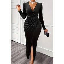 Mossta Kruvaze Yaka Drapeli Uzun Kadife Elbise - Siyah