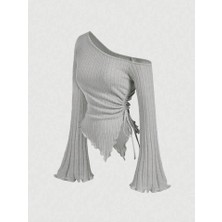 Maison Meda Gri Asimetrik Tek Omuz Fitilli Büzgülü Volan Kol Bluz