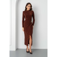 Lafaba Kadın Kahverengi Aksesuar Detay Midi Elbise