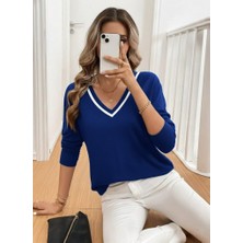 Ahes Shopping Kadın Uzun Kollu V Yakalı Viskon Iki Iplik Bluz