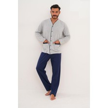 Çift Kaplan Erkek Düz Önden Düğmeli Gri Pijama Takımı 8002