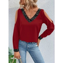 Ahes Shopping Kadın Uzun Kollu V Yakalı Omuzlardan Açık Sandy Bluz