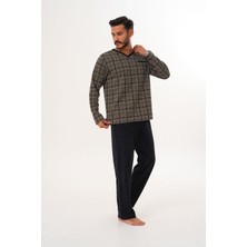 Çift Kaplan Erkek Siyah Çizgili V Yaka Kahverengi Pijama Takımı 8024