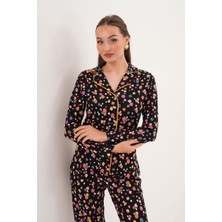 Çift Kaplan Kadın Pamuk Modal Gömlek Yaka Önden Düğmeli Siyah Pijama Takımı 7010