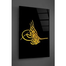 Marsilyan Siyah Zemin Üzeri Osmanlı Tuğrası Dikey Cam Tablo