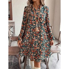 Arben Boutique Kadın Uzun Kollu V Yakalı Desenli Modal Mini Elbise