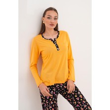 Çift Kaplan Kadın Pamuk Modal Açık Patlı Sarı Pijama Takımı 7019
