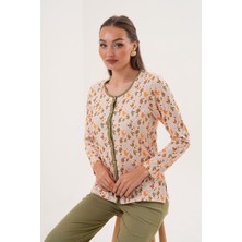 Çift Kaplan Kadın Pamuk Zeytin Dalı Desenli Önden Düğmeli Yeşil Pijama Takımı 7031