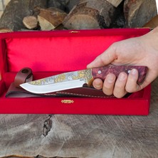 Köse Mehmet Koleksiyonluk ve Hediyelik Bıçak 24K Altın Kaplama Geyik Gravür Işlemeli - Stabilize Sap - Kadife Kutulu