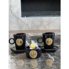 Megg 2\'li 5 Parça Altınlı Siyah Fincan ve Lokumluk  Set