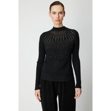 On Triko Önü Taşlı Dik Yaka Triko Kazak 60388-26K