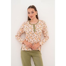 Çift Kaplan Kadın Pamuk Zeytin Dalı Desenli Patili Yeşil Pijama Takımı 7029