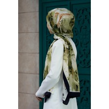 Vissona Lüks Medine Ipeği Sulu Boya Yaprak Desenli Haki Yeşili Renkli 75X195 Kırışmaz Şal Moss Krep Dikiş Tipi Italyan Dikişli