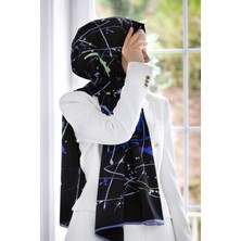 Vissona Lüks Medine Ipeği Boya Damlası Desenli Siyah - Indigo Renkli 75X195 Kırışmaz Şal Moss Krep Dikiş Tipi Italyan Dikişli