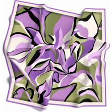 Violla Twilll Büyük Yaprak Desenli Mor - Haki Renkli 90X90 Eşarp (Ipek Içermez) Kenar Dikiş Şekli El Dikişli