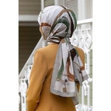 Vissona Lüks Medine Ipeği Fırça Desenli Taş - Haki Renkli 75X195 Kırışmaz Şal Moss Krep Dikiş Tipi Italyan Dikişli