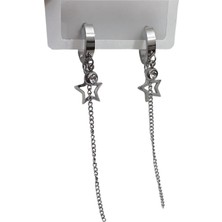 Cesicey Zincir Detaylı Taşlı Yıldız Kadın Çelik Küpe Gümüş Renk